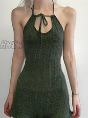 Hnewly Knitted Fairy Grunge Green Folds Mini Dresses Gothic Retro Backless A-Line Women Dress Sexy