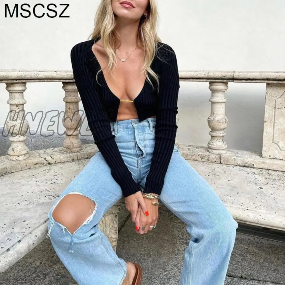 Hnewly Knitted Long Sleeve Crop Top Women V-Neck Open Front Sexy Woman T-Shirts Club Party Y2K