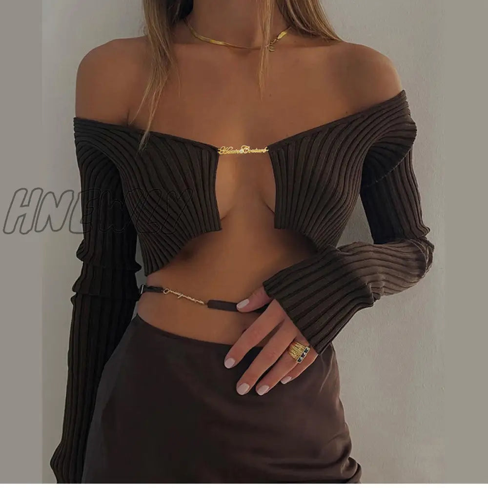 Hnewly Knitted Long Sleeve Crop Top Women V-Neck Open Front Sexy Woman T-Shirts Club Party Y2K