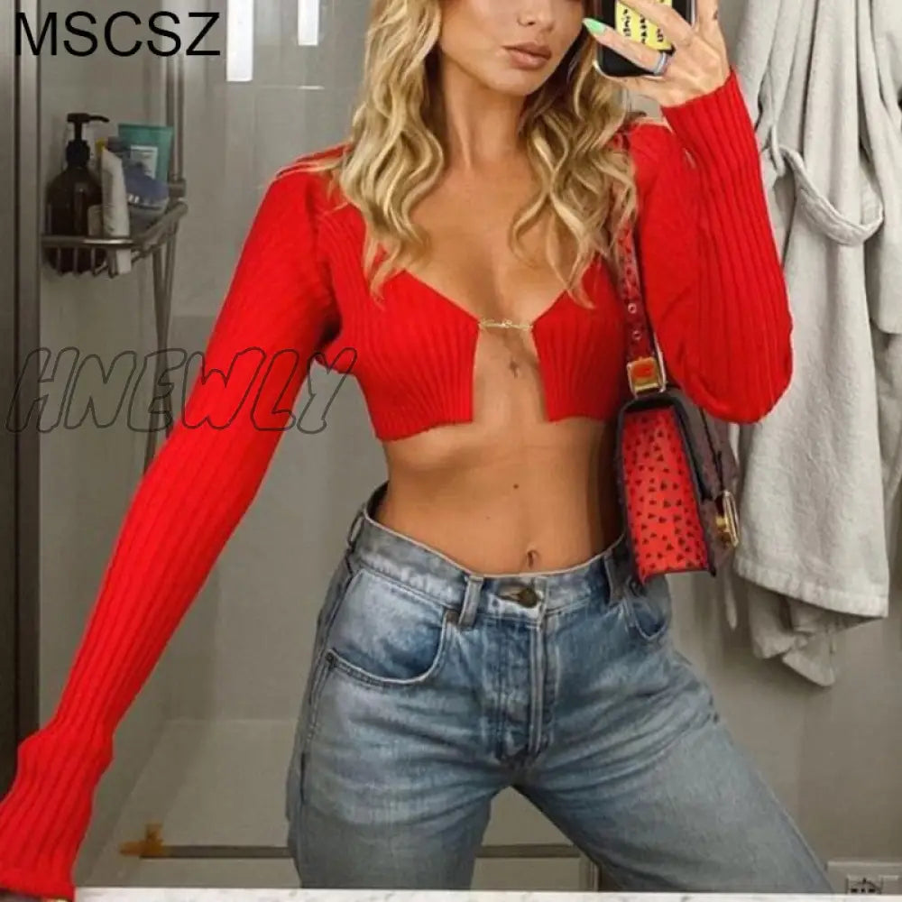 Hnewly Knitted Long Sleeve Crop Top Women V-Neck Open Front Sexy Woman T-Shirts Club Party Y2K