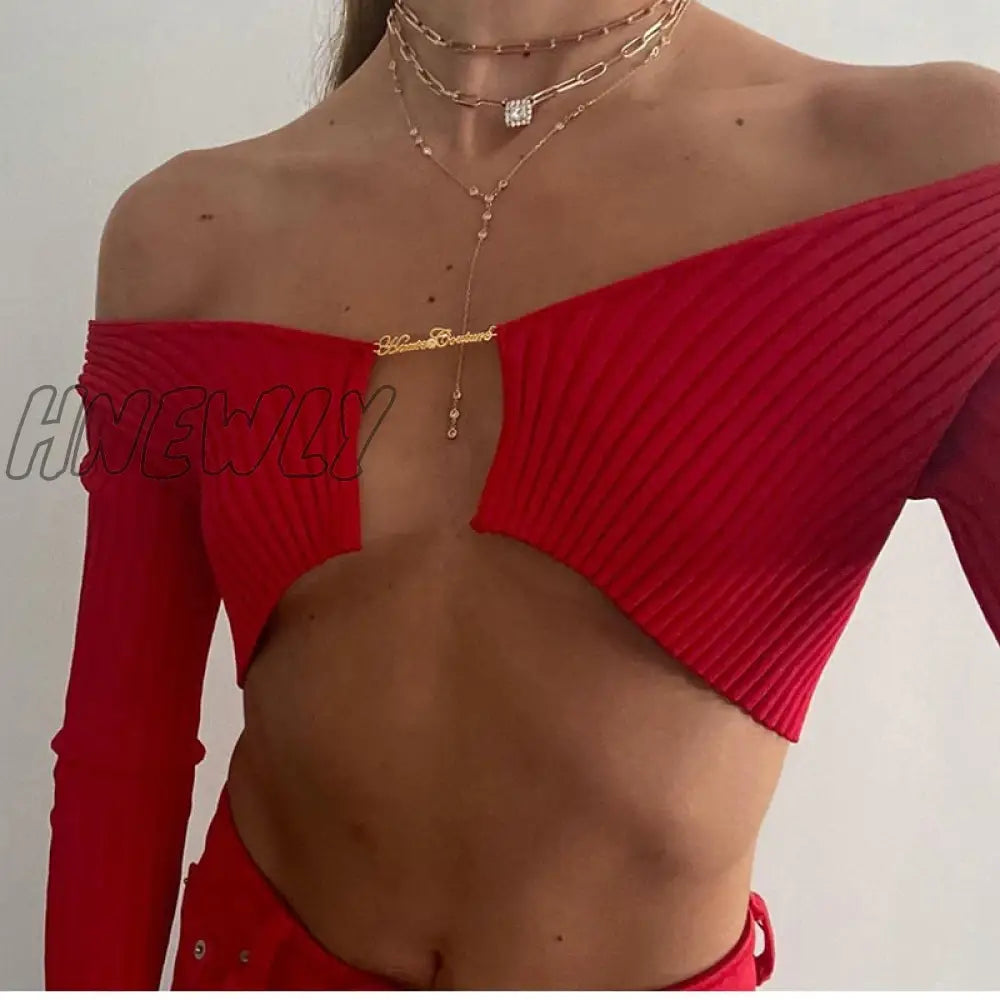 Hnewly Knitted Long Sleeve Crop Top Women V-Neck Open Front Sexy Woman T-Shirts Club Party Y2K