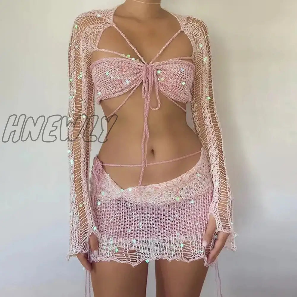 Hnewly Knitted Skirt Sets Sequins Two Pieces Set Long Sleeve Crop Top And Suit Glitter Sexy Crochet