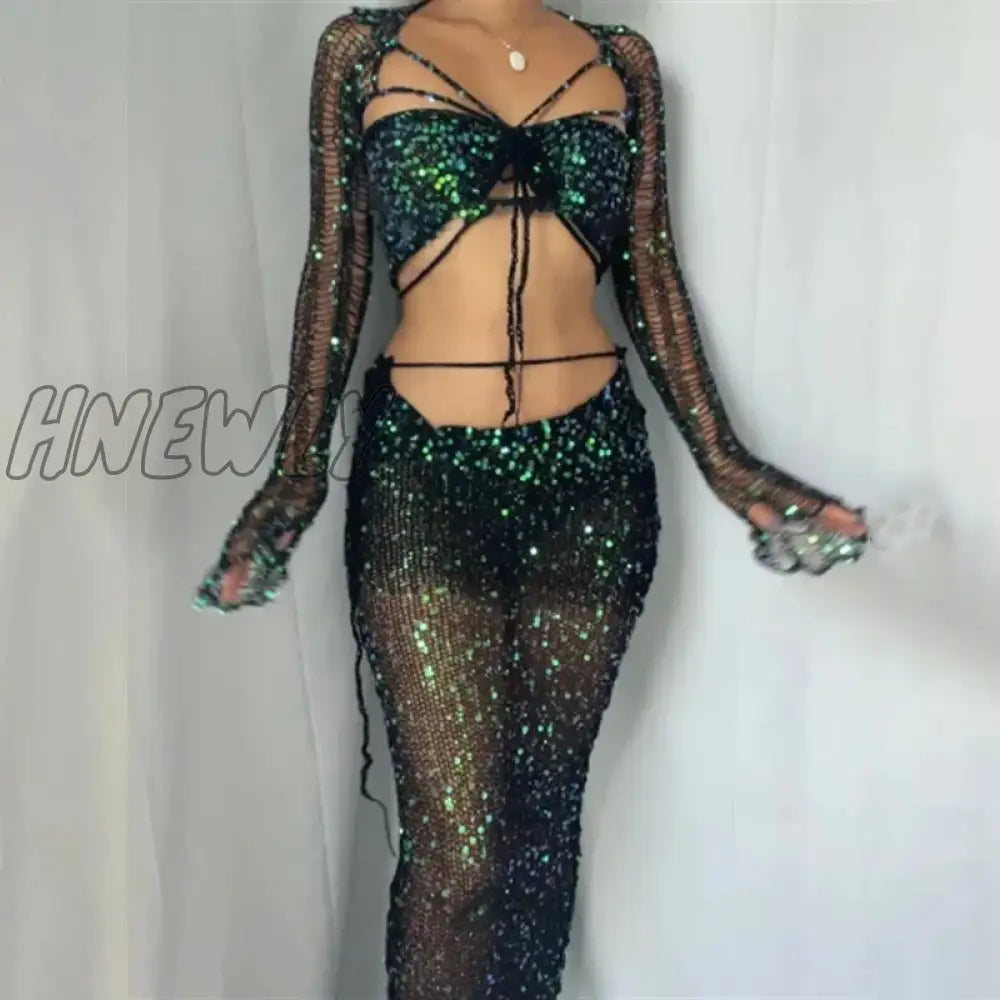 Hnewly Knitted Skirt Sets Sequins Two Pieces Set Long Sleeve Crop Top And Suit Glitter Sexy Crochet