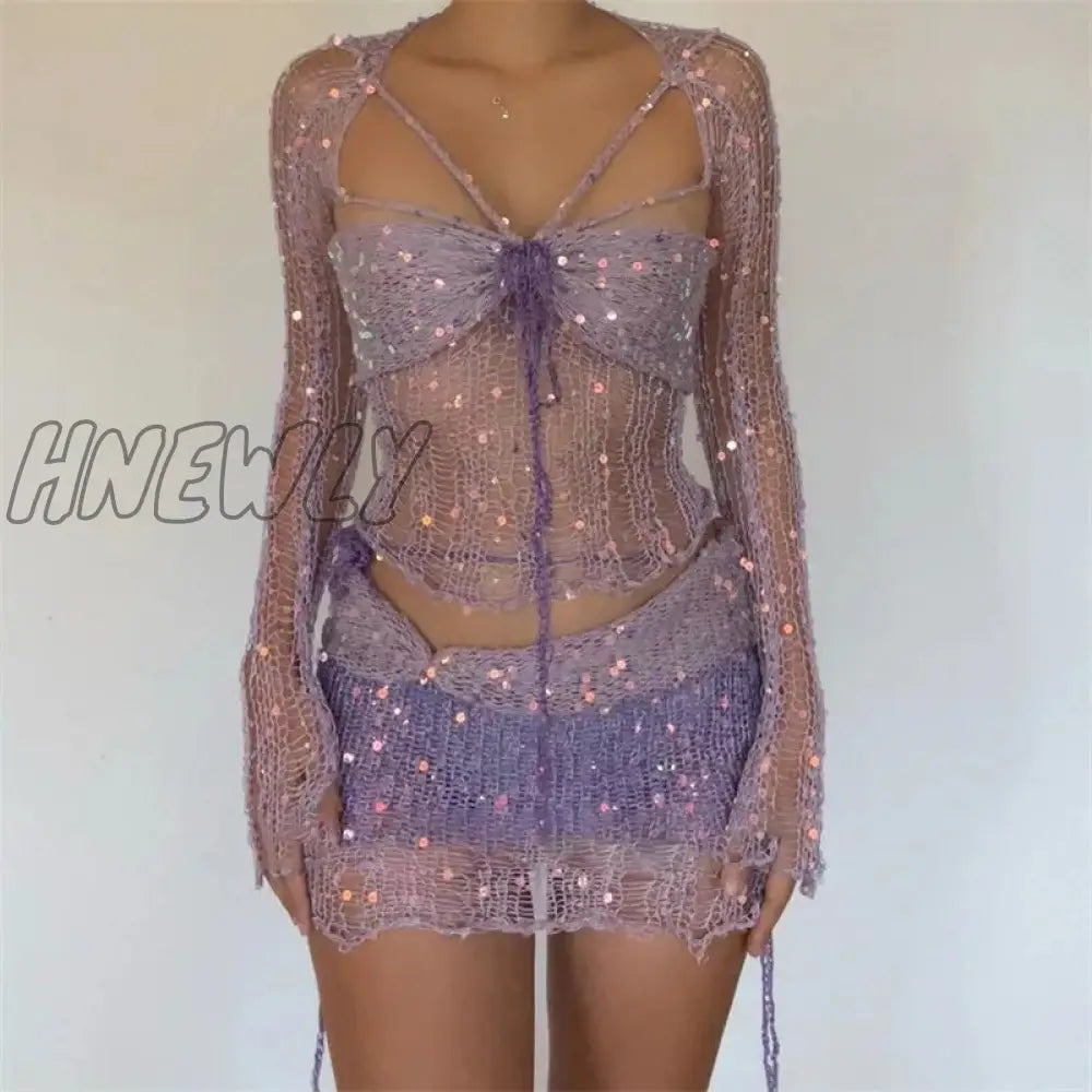 Hnewly Knitted Skirt Sets Sequins Two Pieces Set Long Sleeve Crop Top And Suit Glitter Sexy Crochet