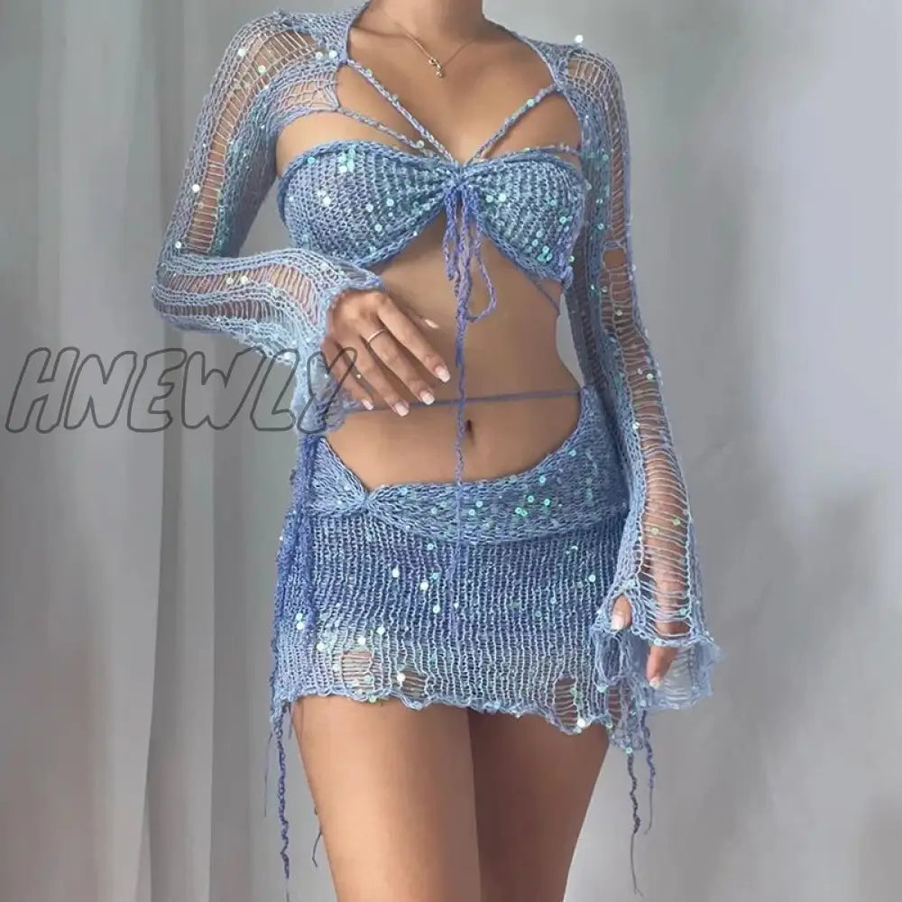 Hnewly Knitted Skirt Sets Sequins Two Pieces Set Long Sleeve Crop Top And Suit Glitter Sexy Crochet