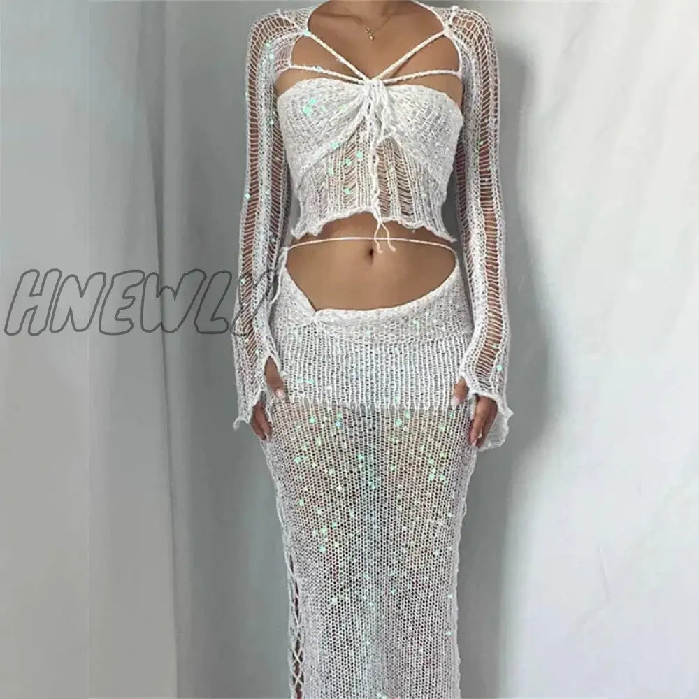 Hnewly Knitted Skirt Sets Sequins Two Pieces Set Long Sleeve Crop Top And Suit Glitter Sexy Crochet