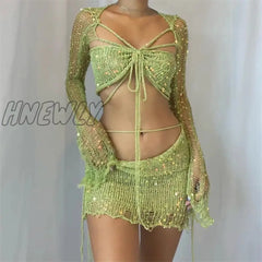 Hnewly Knitted Skirt Sets Sequins Two Pieces Set Long Sleeve Crop Top And Suit Glitter Sexy Crochet