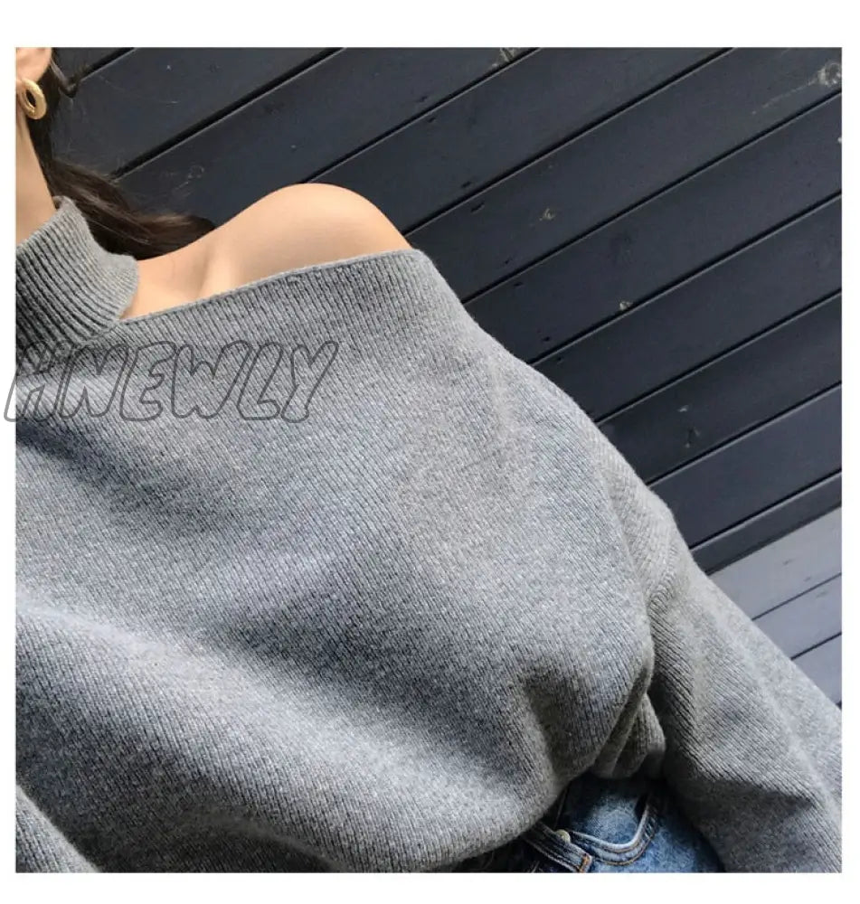 Hnewly Korean Chic Temperament Elegant Design Thickening Sweater Sexy Hollow Open Shoulder