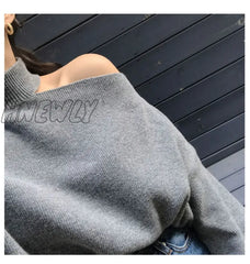 Hnewly Korean Chic Temperament Elegant Design Thickening Sweater Sexy Hollow Open Shoulder