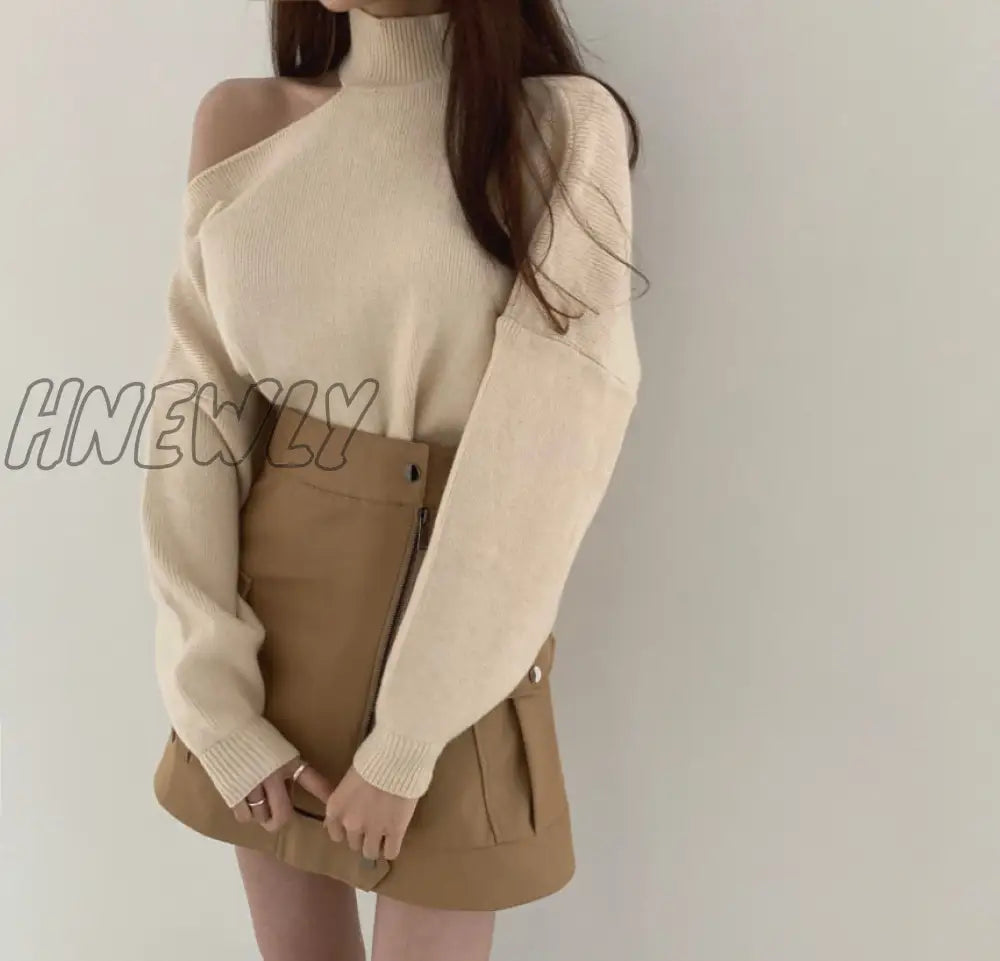 Hnewly Korean Chic Temperament Elegant Design Thickening Sweater Sexy Hollow Open Shoulder