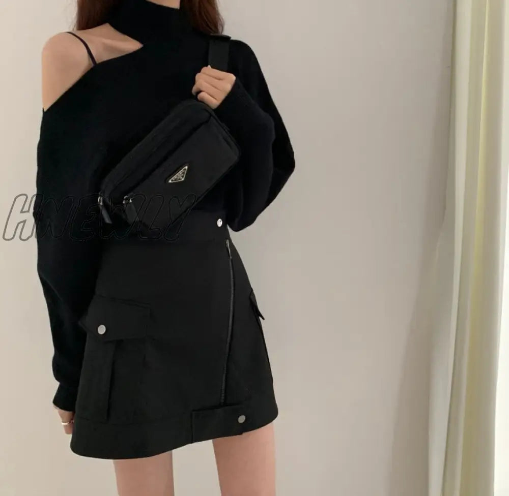 Hnewly Korean Chic Temperament Elegant Design Thickening Sweater Sexy Hollow Open Shoulder