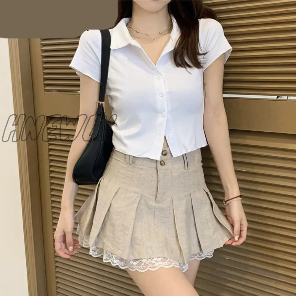 Hnewly Korean Fashion Khaki Short Skirt Lace Trim Cute Pleated Skirts Womens Preppy Style Button Up