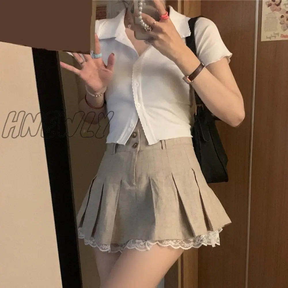 Hnewly Korean Fashion Khaki Short Skirt Lace Trim Cute Pleated Skirts Womens Preppy Style Button Up