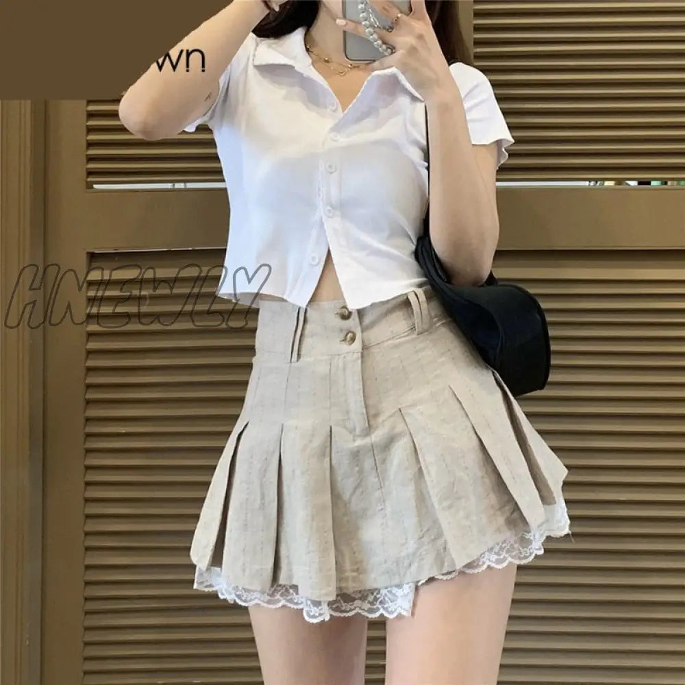 Hnewly Korean Fashion Khaki Short Skirt Lace Trim Cute Pleated Skirts Womens Preppy Style Button Up