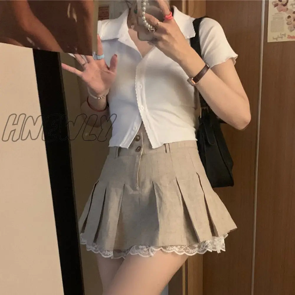 Hnewly Korean Fashion Khaki Short Skirt Lace Trim Cute Pleated Skirts Womens Preppy Style Button Up