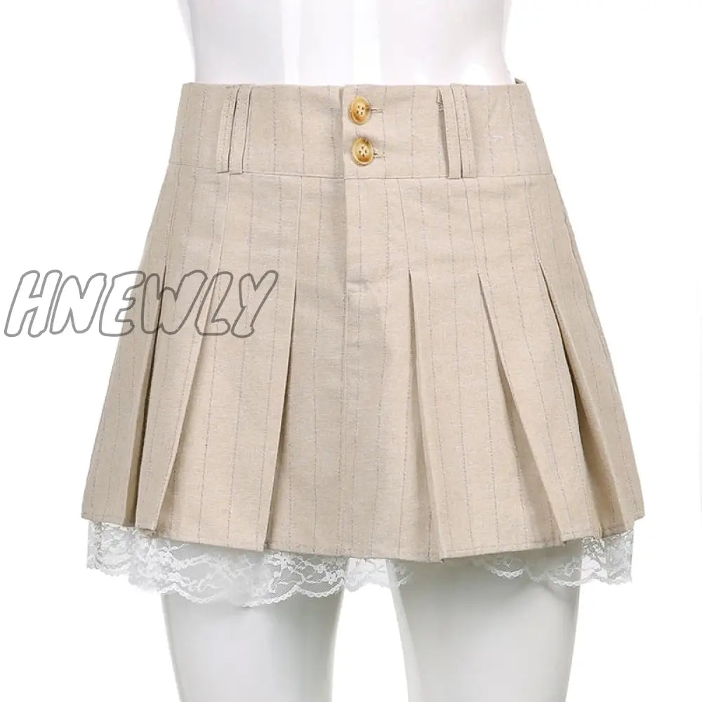 Hnewly Korean Fashion Khaki Short Skirt Lace Trim Cute Pleated Skirts Womens Preppy Style Button Up