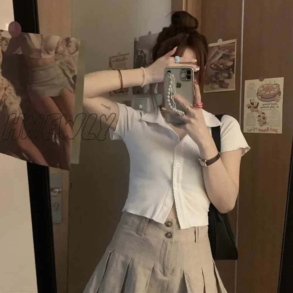 Hnewly Korean Fashion Khaki Short Skirt Lace Trim Cute Pleated Skirts Womens Preppy Style Button Up