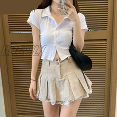 Hnewly Korean Fashion Khaki Short Skirt Lace Trim Cute Pleated Skirts Womens Preppy Style Button Up