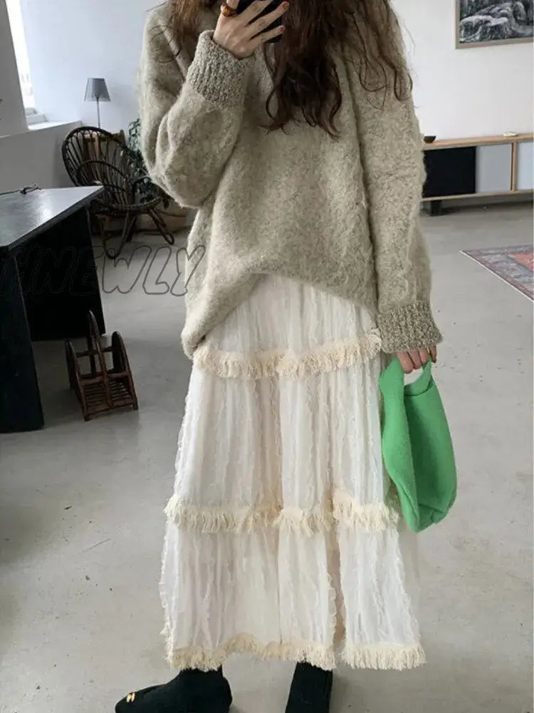 Hnewly Korean Lace Long Skirt Women Vintage Cute High Waist Loose Fairycore Tassel Patchwork A-Line