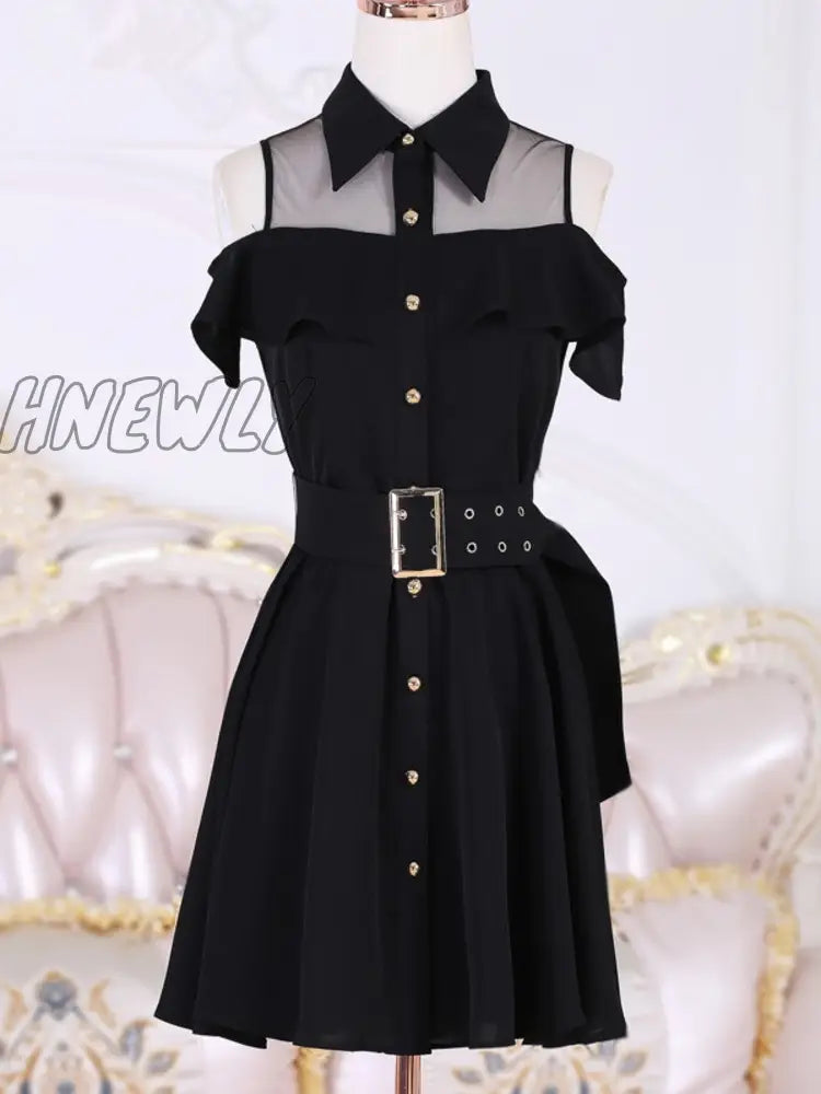 Hnewly Korean Ol New Single Breasted Women Summer Dress Sweet Chic Black Office Work Short Mini