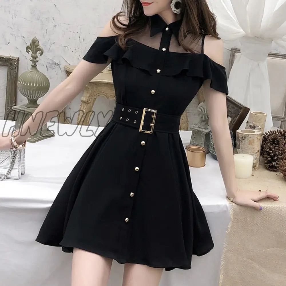 Hnewly Korean Ol New Single Breasted Women Summer Dress Sweet Chic Black Office Work Short Mini