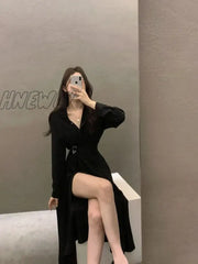 Hnewly Korean Style Black Midi One Piece Dress Women Coquette Shirt Holiday Dresses Elegant Spilt