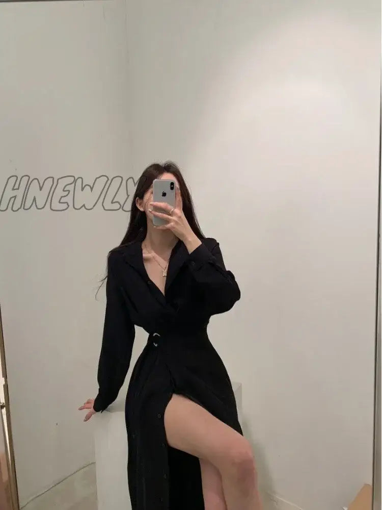 Hnewly Korean Style Black Midi One Piece Dress Women Coquette Shirt Holiday Dresses Elegant Spilt