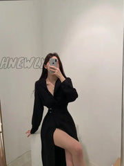 Hnewly Korean Style Black Midi One Piece Dress Women Coquette Shirt Holiday Dresses Elegant Spilt