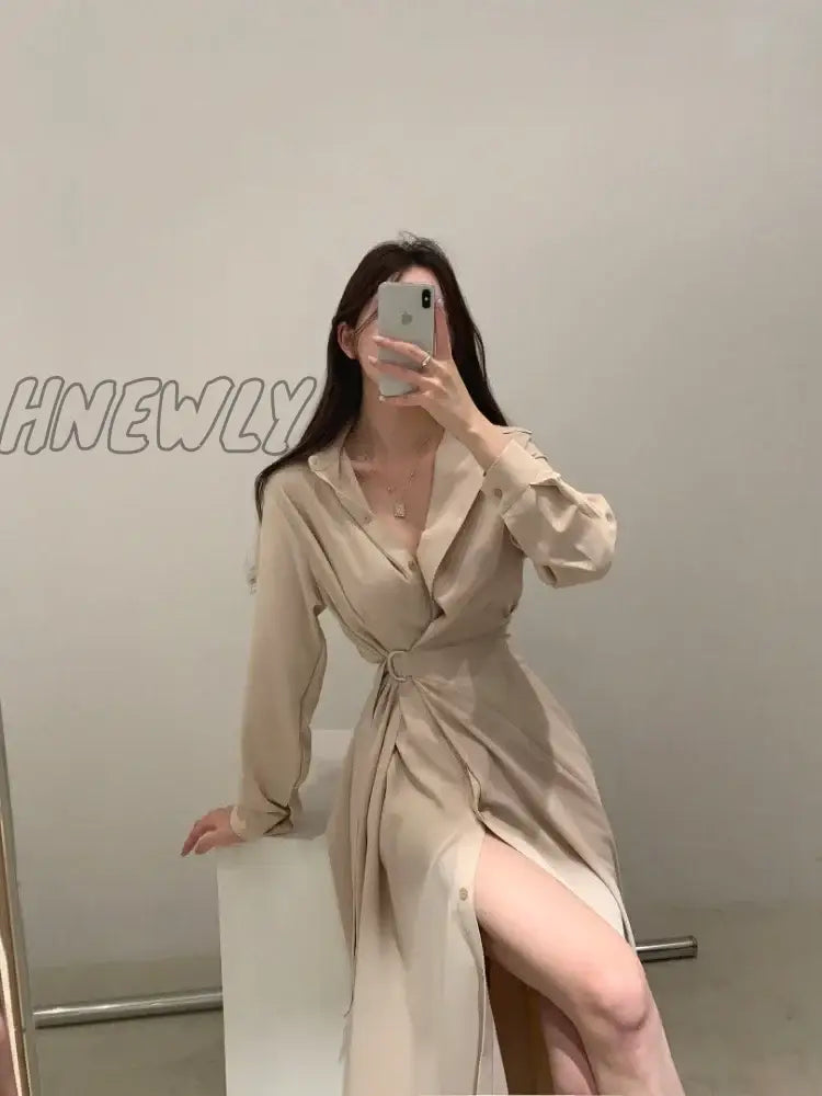 Hnewly Korean Style Black Midi One Piece Dress Women Coquette Shirt Holiday Dresses Elegant Spilt