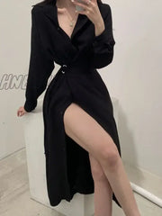 Hnewly Korean Style Black Midi One Piece Dress Women Coquette Shirt Holiday Dresses Elegant Spilt