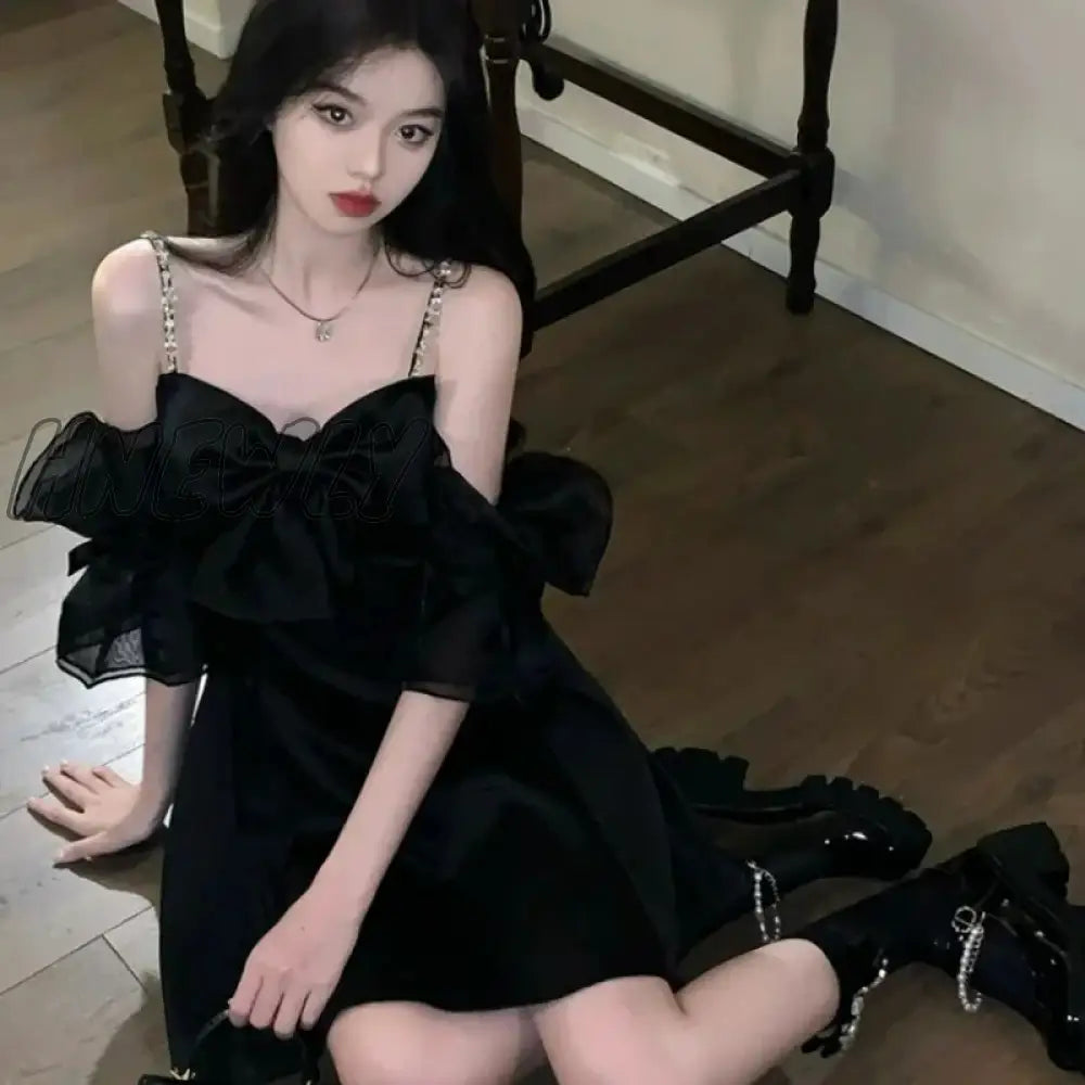 Hnewly Korean Style Black One Piece Dress Women Fairycore Mini Princess Dresses Y2K Off Shoulder