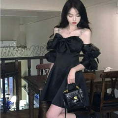 Hnewly Korean Style Black One Piece Dress Women Fairycore Mini Princess Dresses Y2K Off Shoulder