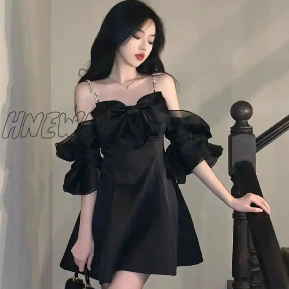 Hnewly Korean Style Black One Piece Dress Women Fairycore Mini Princess Dresses Y2K Off Shoulder