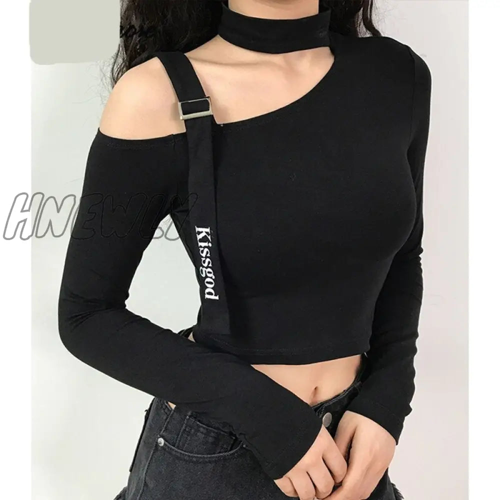 Hnewly Korean Style Harajuku Buckle Women Turtleneck Long Sleeve T Shirt Femme Basic T - Shirt