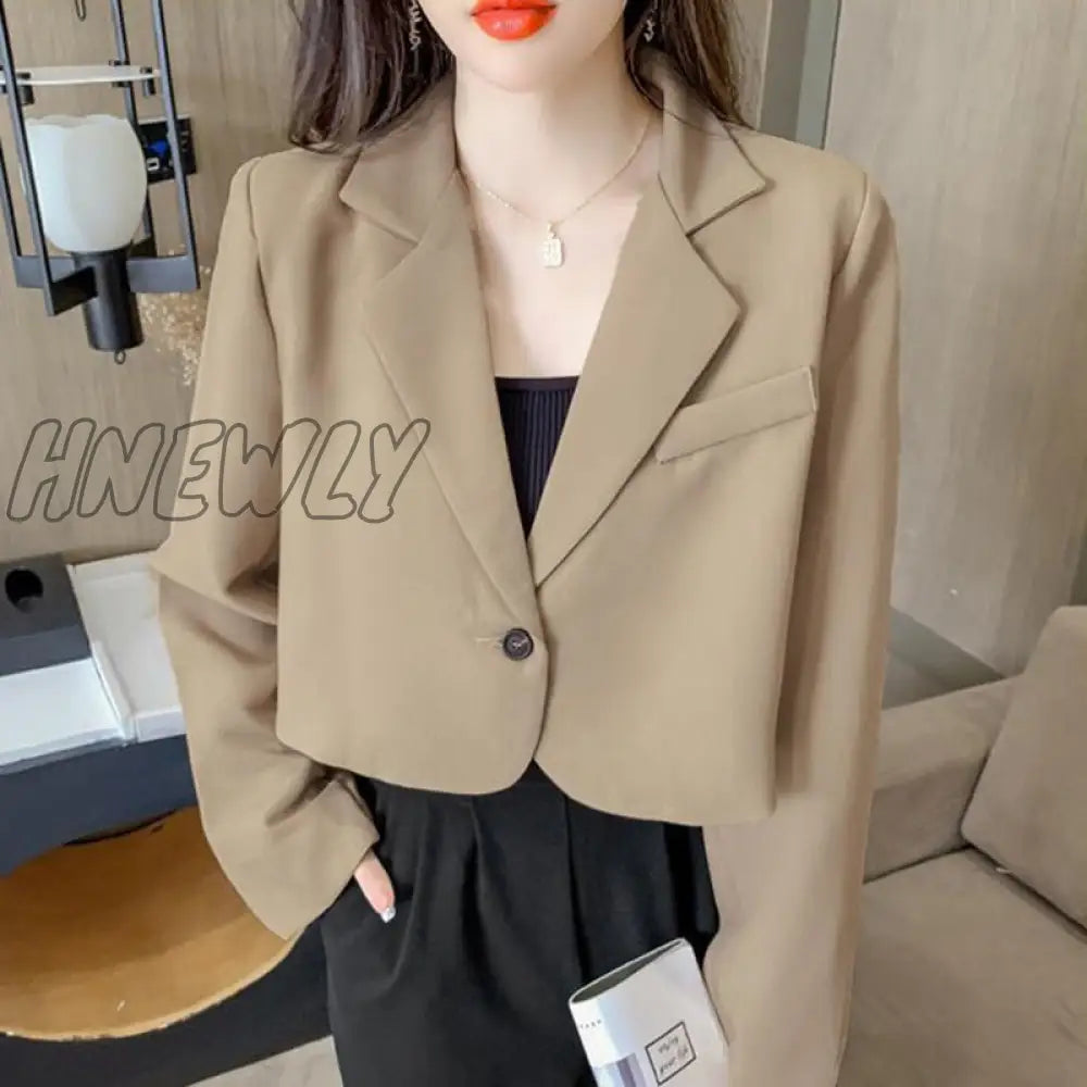 Hnewly Korean Style High Street Blazer Women Simple Single-Button Cropped Jacket Ladies All-Match