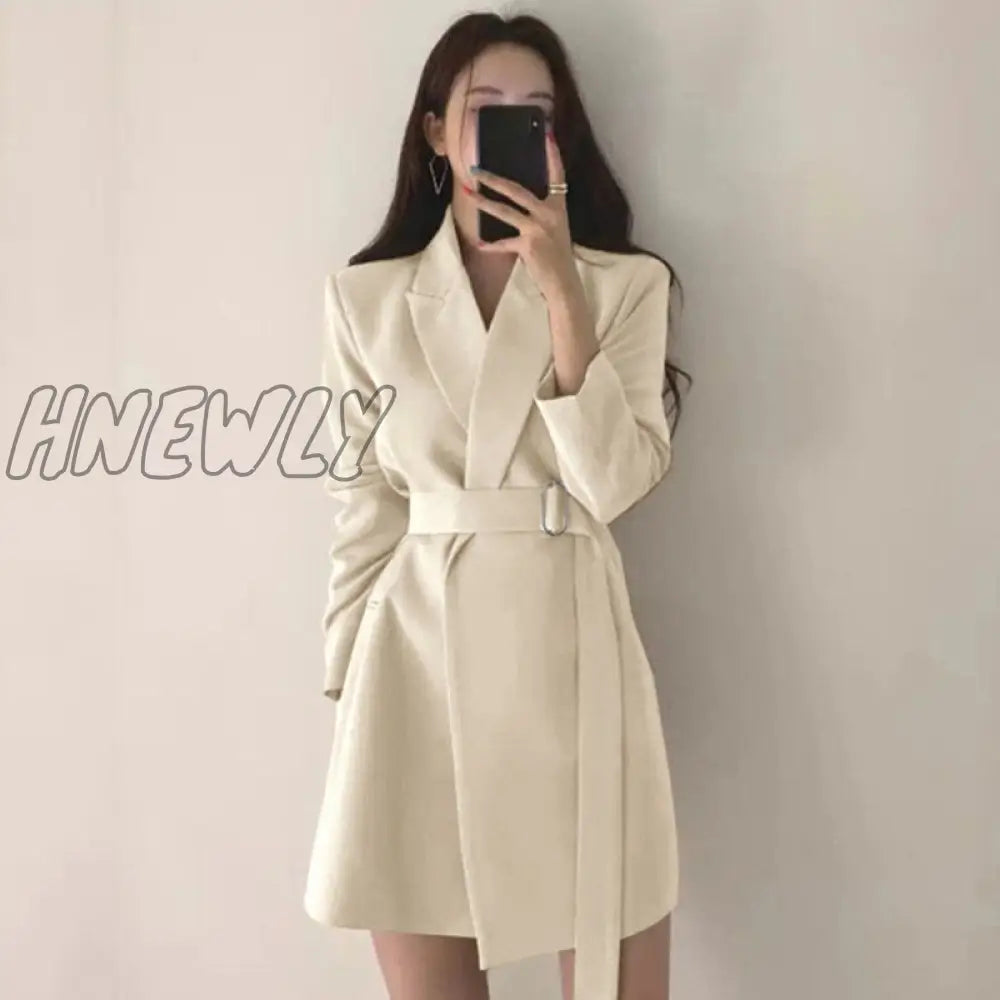 Hnewly Korean Style Office Blazer Dress Women Elegant Slim Fit With Belt Suit Jackets Ladies Solid