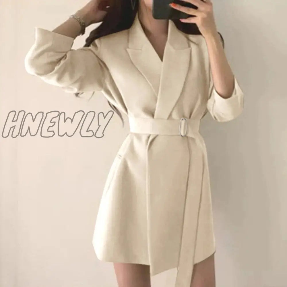 Hnewly Korean Style Office Blazer Dress Women Elegant Slim Fit With Belt Suit Jackets Ladies Solid