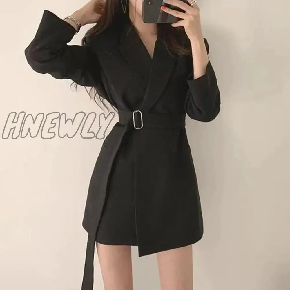 Hnewly Korean Style Office Blazer Dress Women Elegant Slim Fit With Belt Suit Jackets Ladies Solid