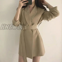 Hnewly Korean Style Office Blazer Dress Women Elegant Slim Fit With Belt Suit Jackets Ladies Solid