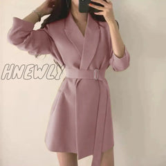 Hnewly Korean Style Office Blazer Dress Women Elegant Slim Fit With Belt Suit Jackets Ladies Solid