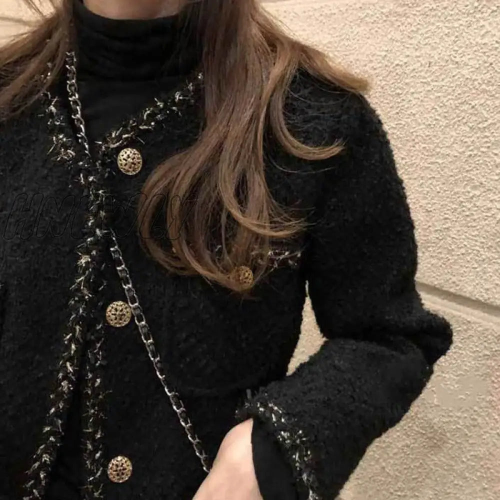 Hnewly Korean Style Tweed Jackets Women Elegant Blend Wool Coat With Pockets Female Autumn Single