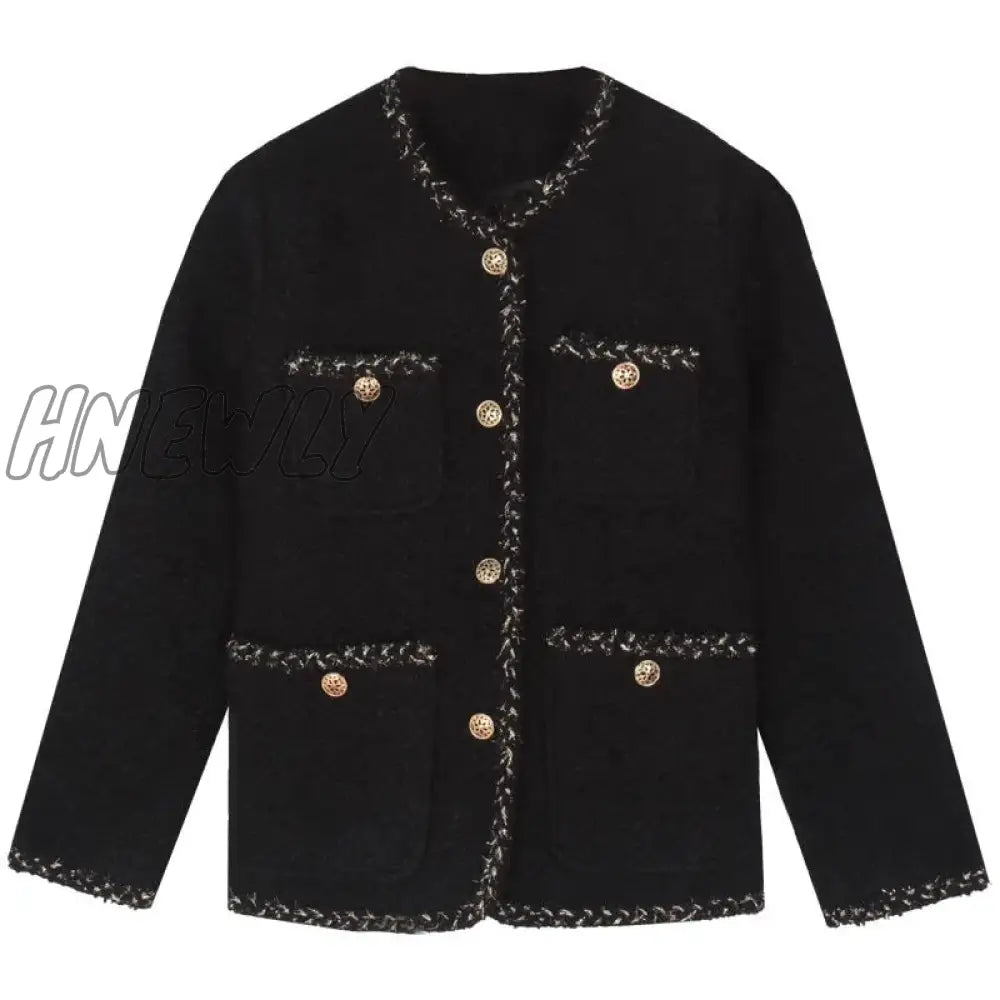 Hnewly Korean Style Tweed Jackets Women Elegant Blend Wool Coat With Pockets Female Autumn Single