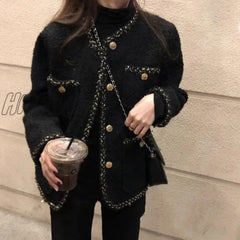 Hnewly Korean Style Tweed Jackets Women Elegant Blend Wool Coat With Pockets Female Autumn Single