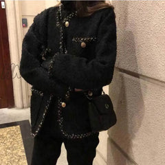 Hnewly Korean Style Tweed Jackets Women Elegant Blend Wool Coat With Pockets Female Autumn Single