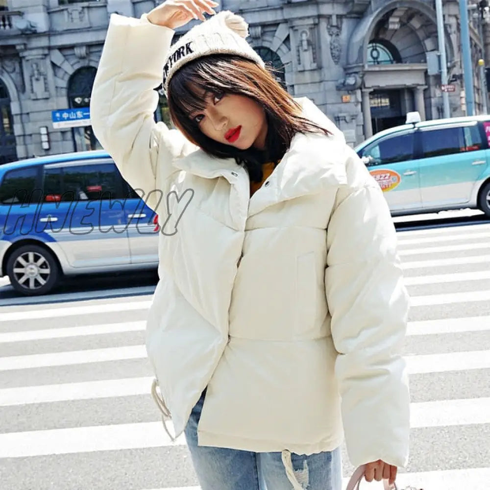 Hnewly Korean Style Winter Jacket Parkas Women Stand Collar Solid Black White Female Down Coat