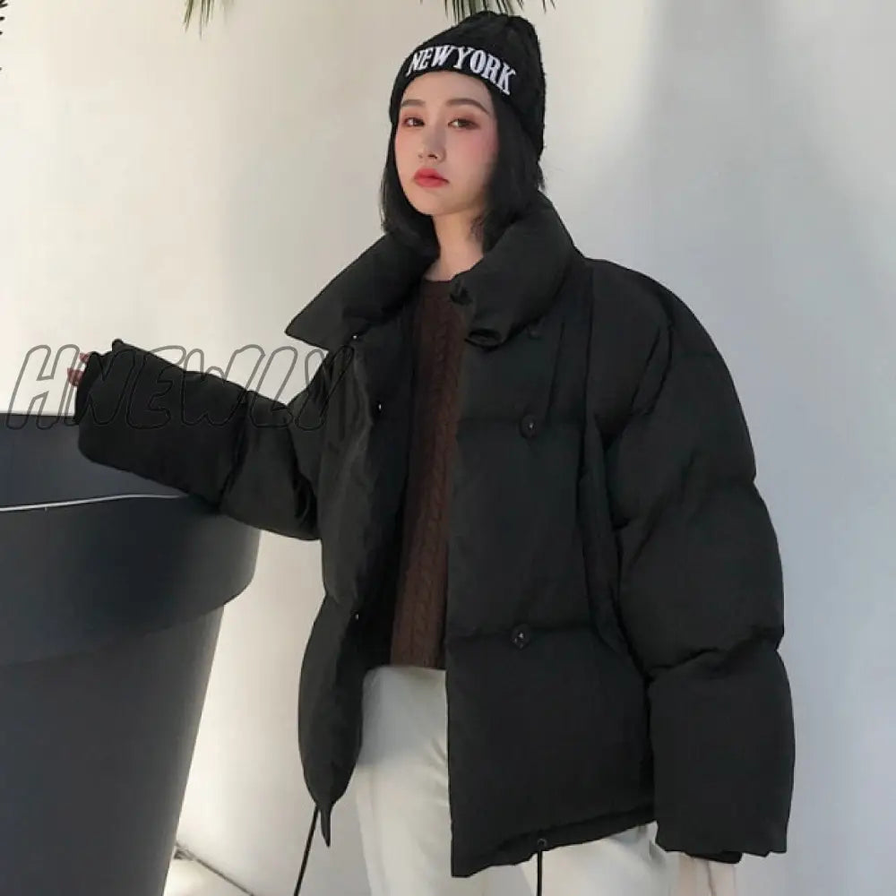 Hnewly Korean Style Winter Jacket Parkas Women Stand Collar Solid Black White Female Down Coat