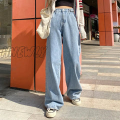 Hnewly Korean Style Women Jeans Denim Boot Cut Wide Leg Jean Boots Fashion Loose Long Length