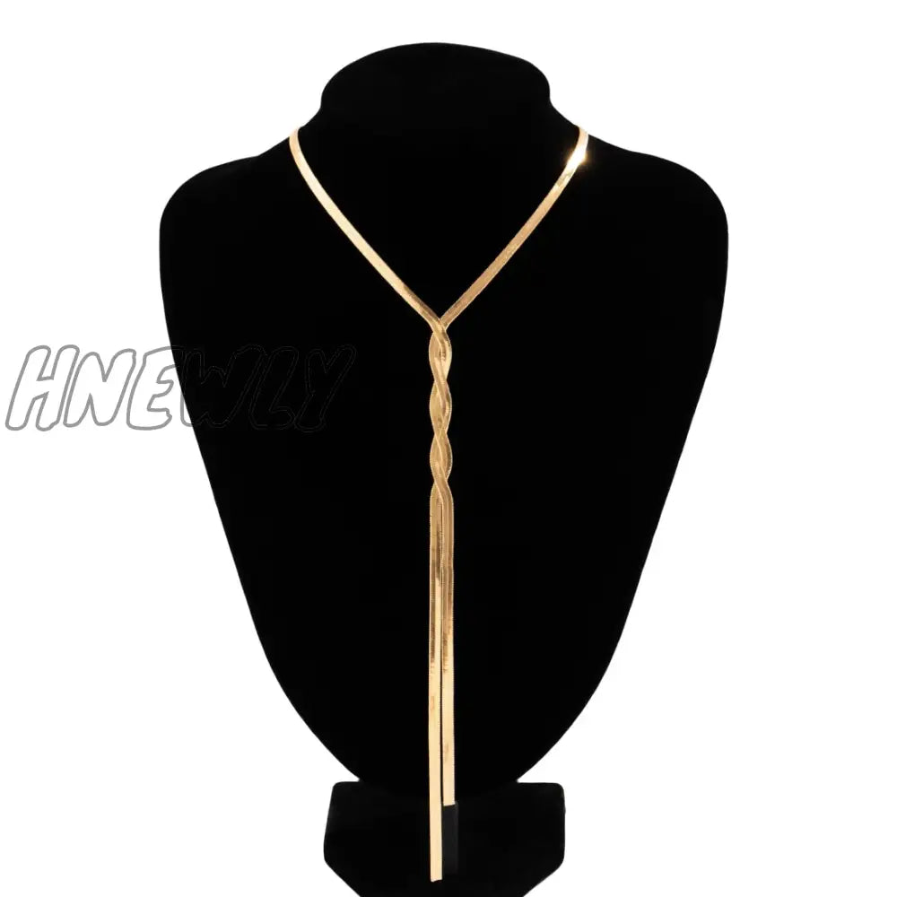 Hnewly Kpop Adjustable Flat Snake Long Chain Necklace For Women Wed Temperament Weave Link Choker