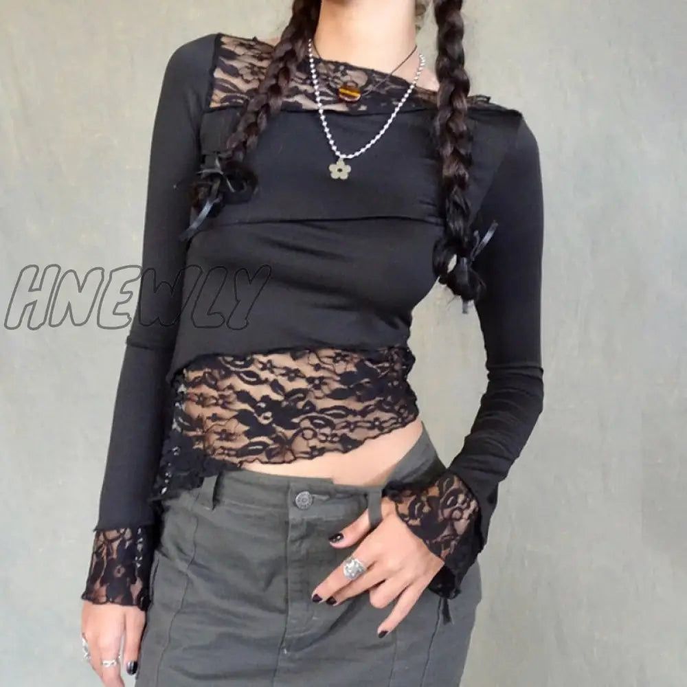 Hnewly Lace Asymmetrical Patchwork Crop Top Women Crew T-Shirt Petal Sleeve Sheer Versatile Slim