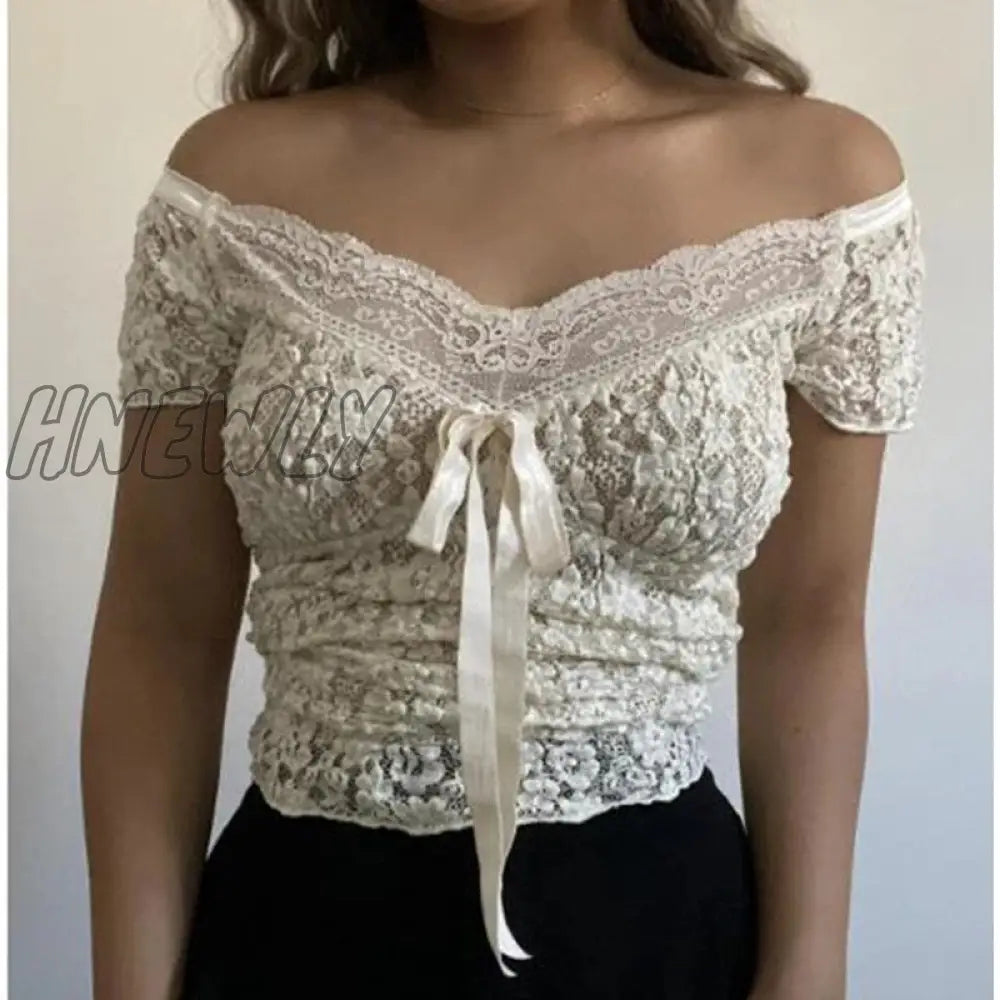 Hnewly Lace Crop Tops Y2K Aesthetic Fairy Grunge Off Shoulder V Neck Short Sleeve T Shirt Tanks